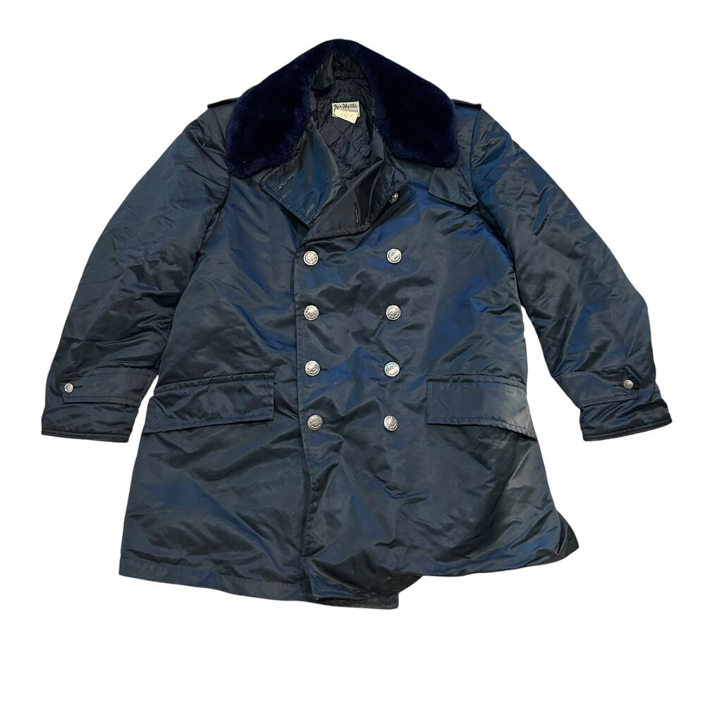 1970s Vintage Navy Nylon Double Breasted Coat Faux Fur Old Hollywood 44L